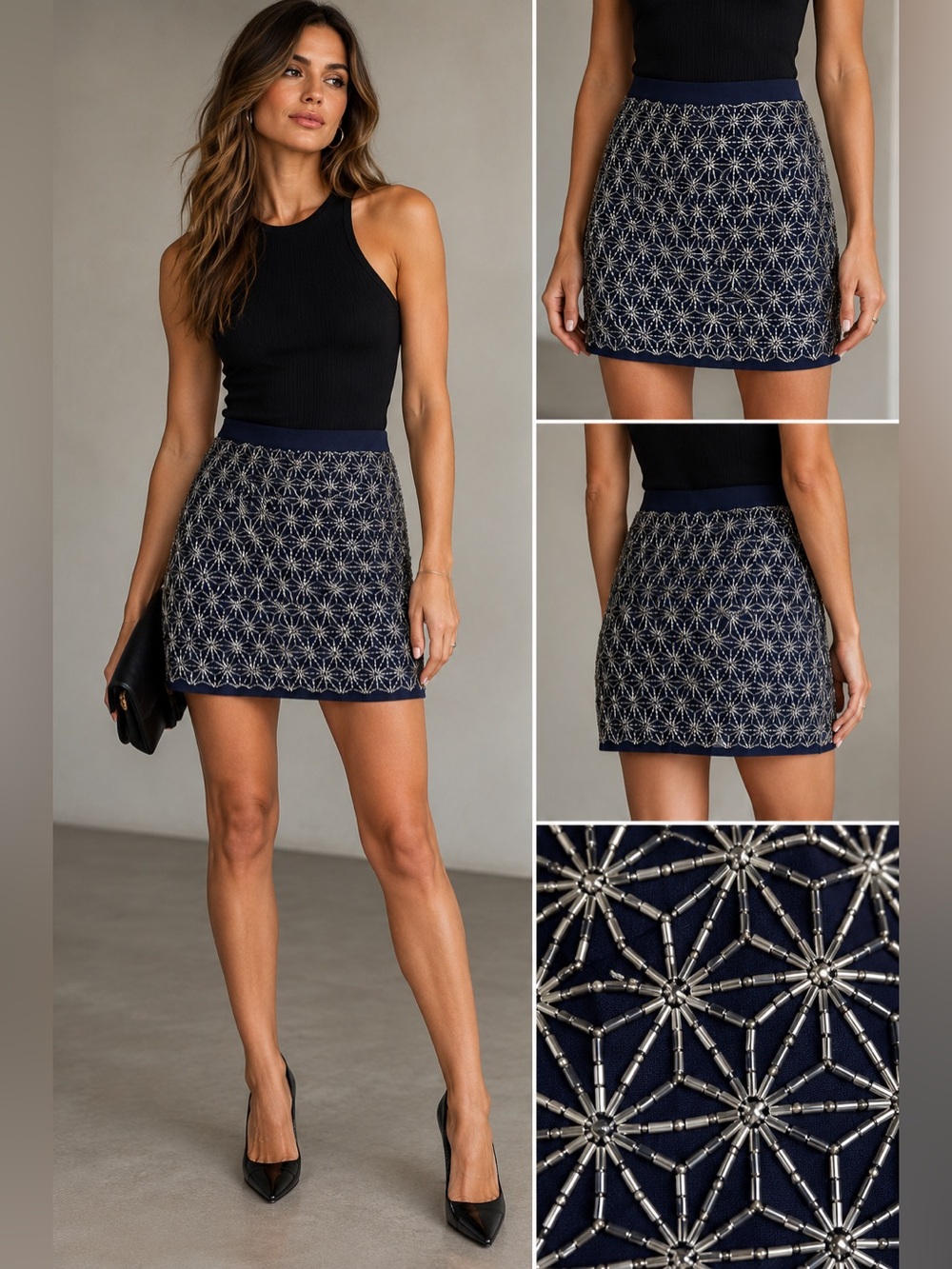 ✨ Vintage Topshop Y2K Navy Blue Silver Beaded Mini Skirt — Small